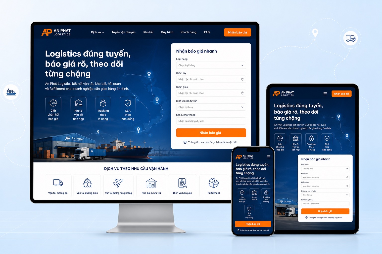 Thiết kế website công ty logistics với mockup desktop tablet mobile