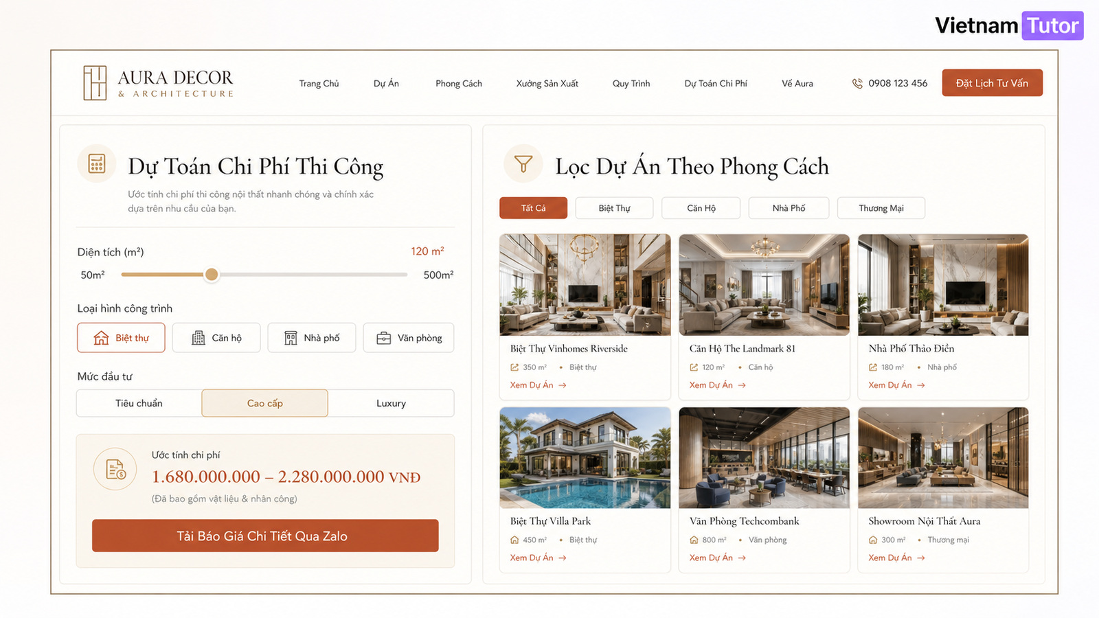 Mockup tính năng dự toán chi phí thi công nội thất tự động và bộ lọc dự án 3D