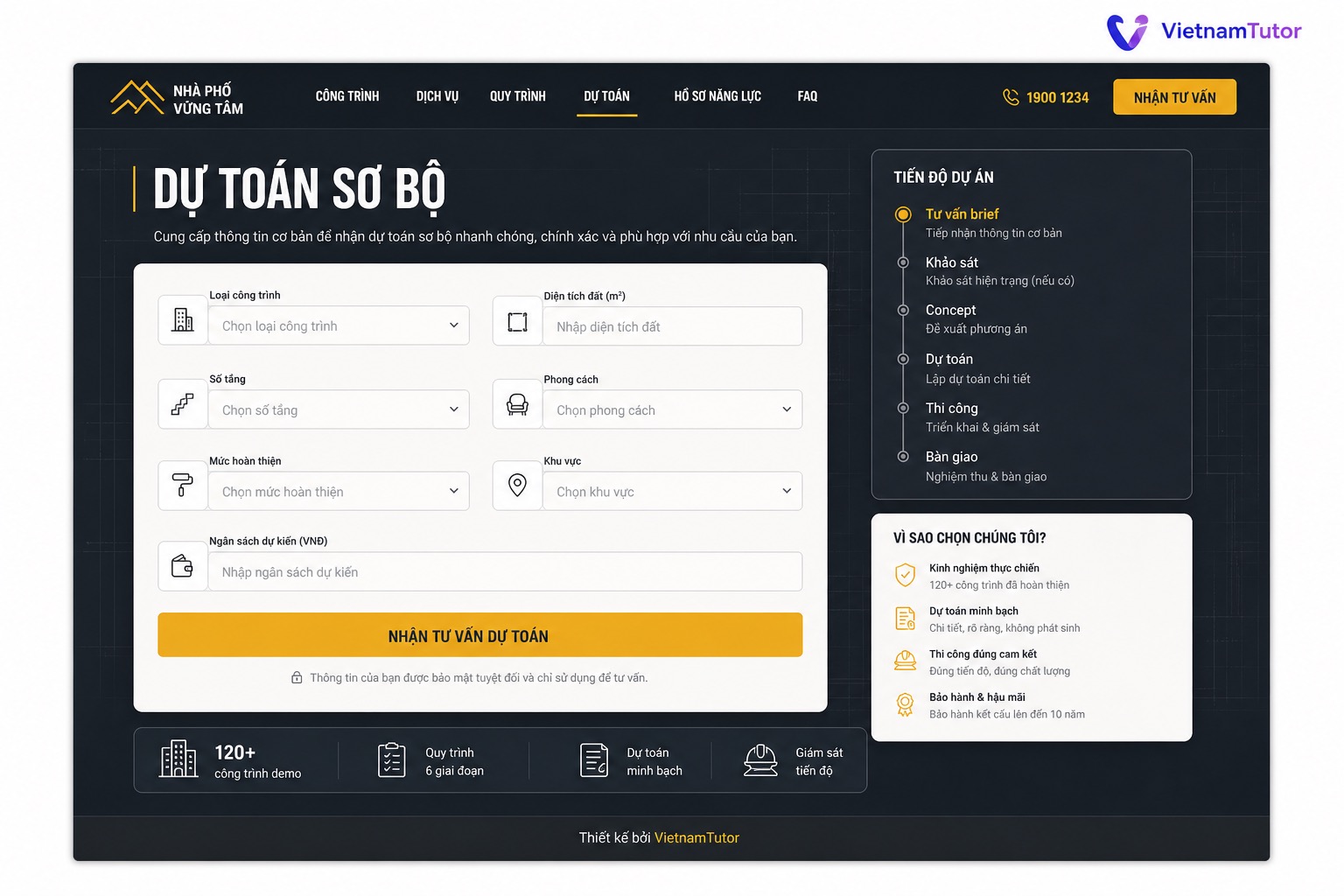 Mockup tính năng dự toán sơ bộ cho website công ty xây dựng nhà phố