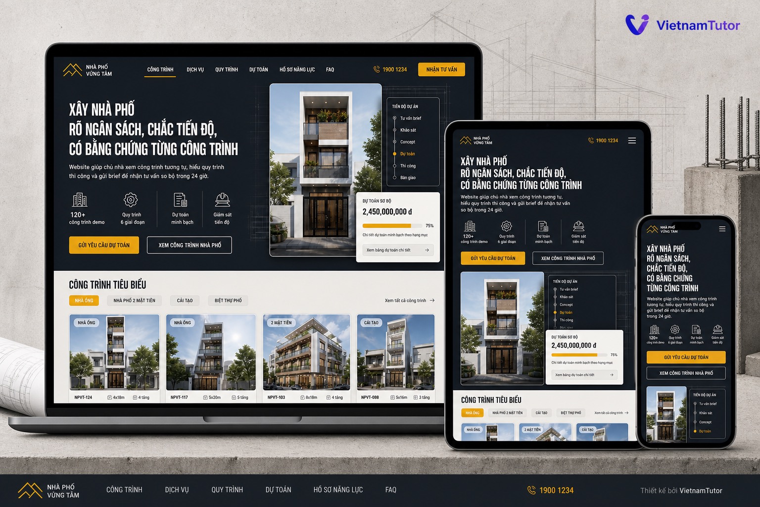 Thiết kế website công ty xây dựng nhà phố với mockup desktop tablet mobile