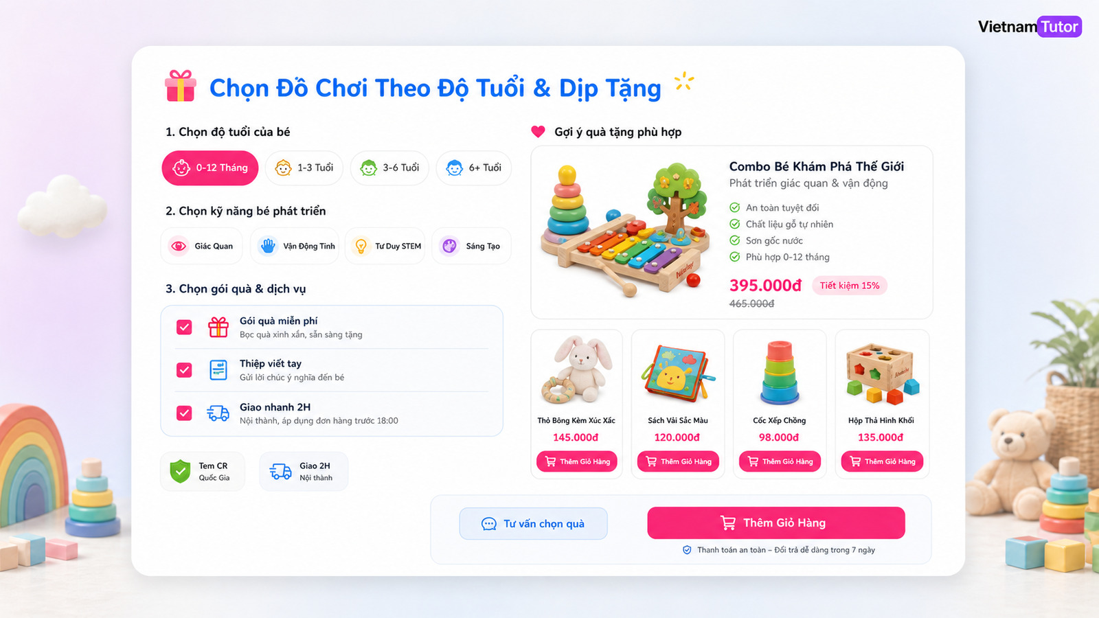 Mockup tính năng cốt lõi cho website đồ chơi trẻ em