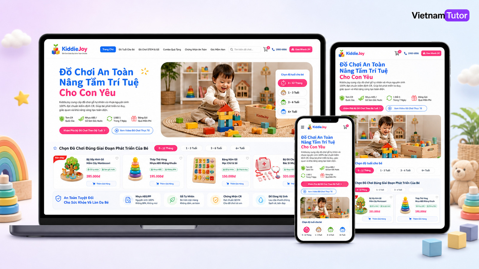 Thiết kế website đồ chơi trẻ em với mockup desktop tablet mobile