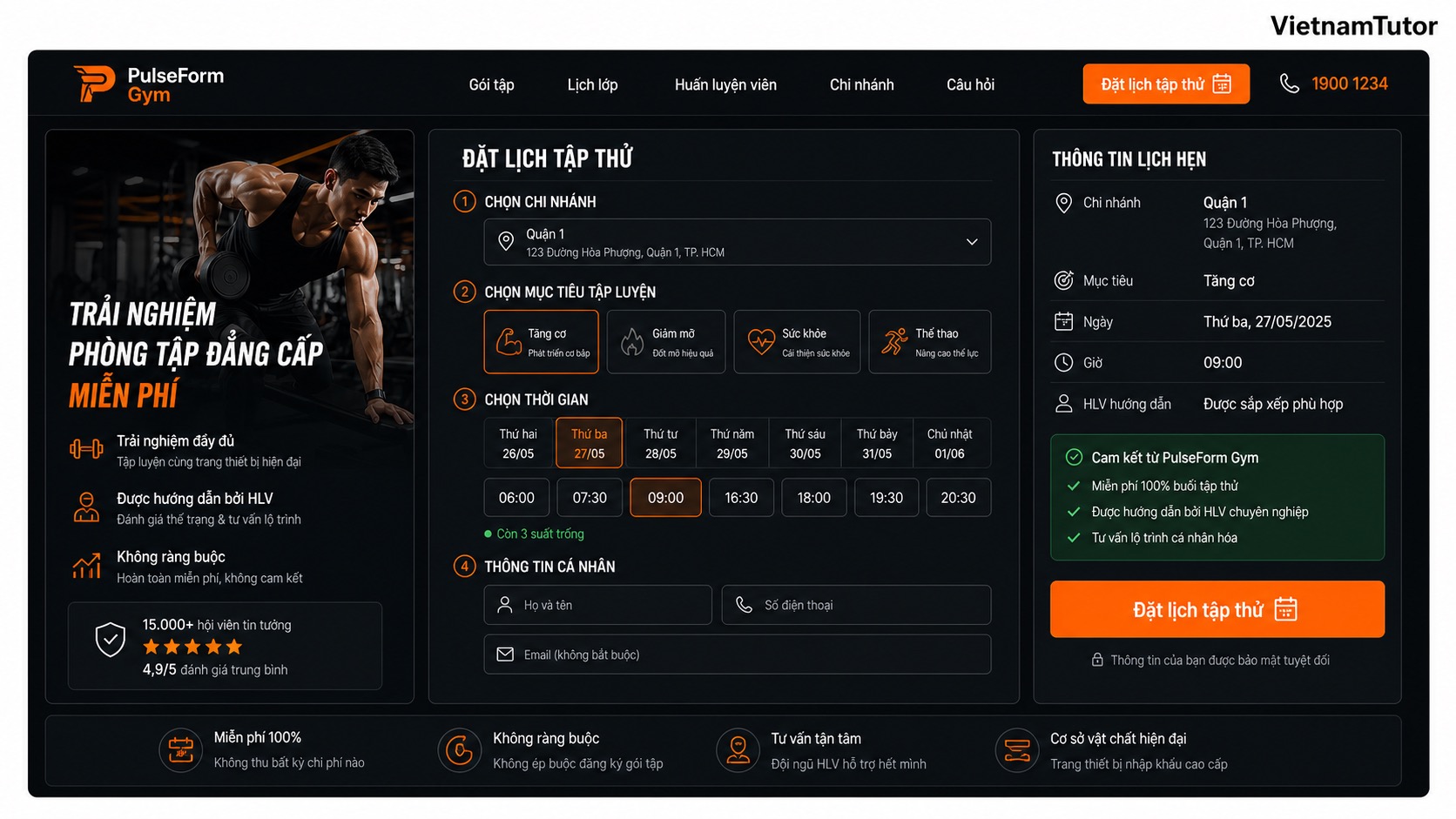 Mockup tính năng đặt lịch tập thử cho website phòng gym
