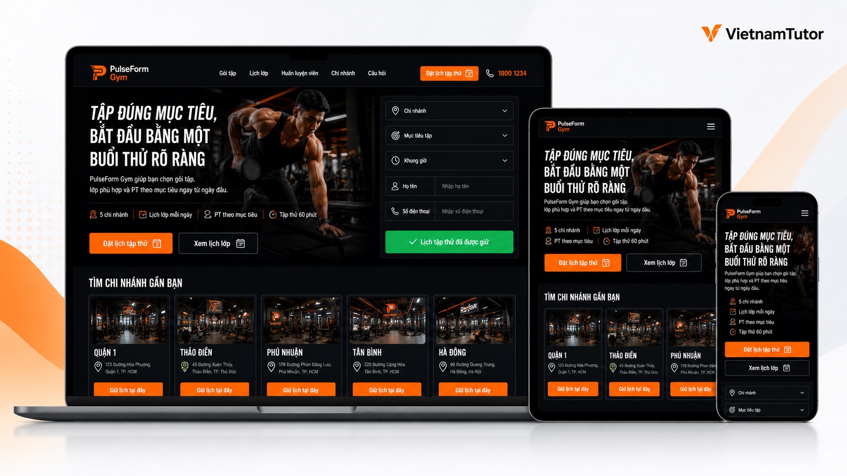 Thiết kế website phòng gym với mockup desktop tablet mobile
