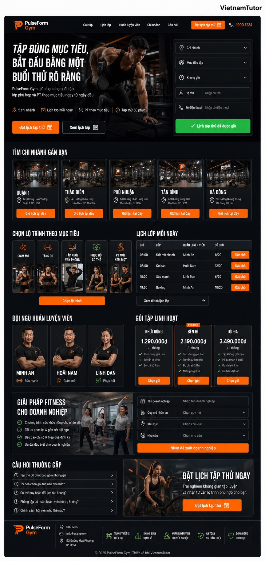 Mockup trang chủ website phòng gym với form đặt lịch tập thử