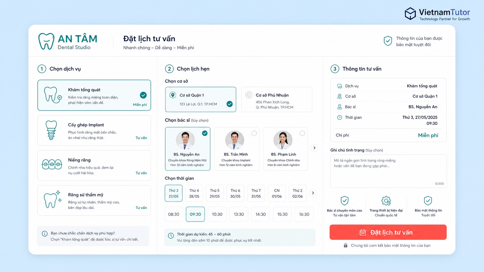 Mockup tính năng đặt lịch cho website phòng khám nha khoa