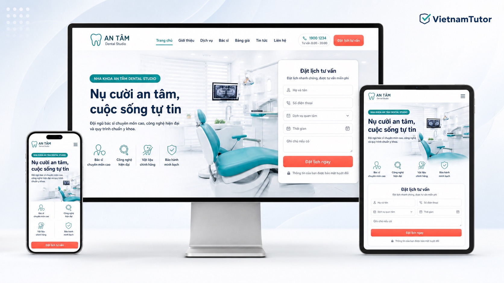 Thiết kế website phòng khám nha khoa với mockup desktop tablet mobile