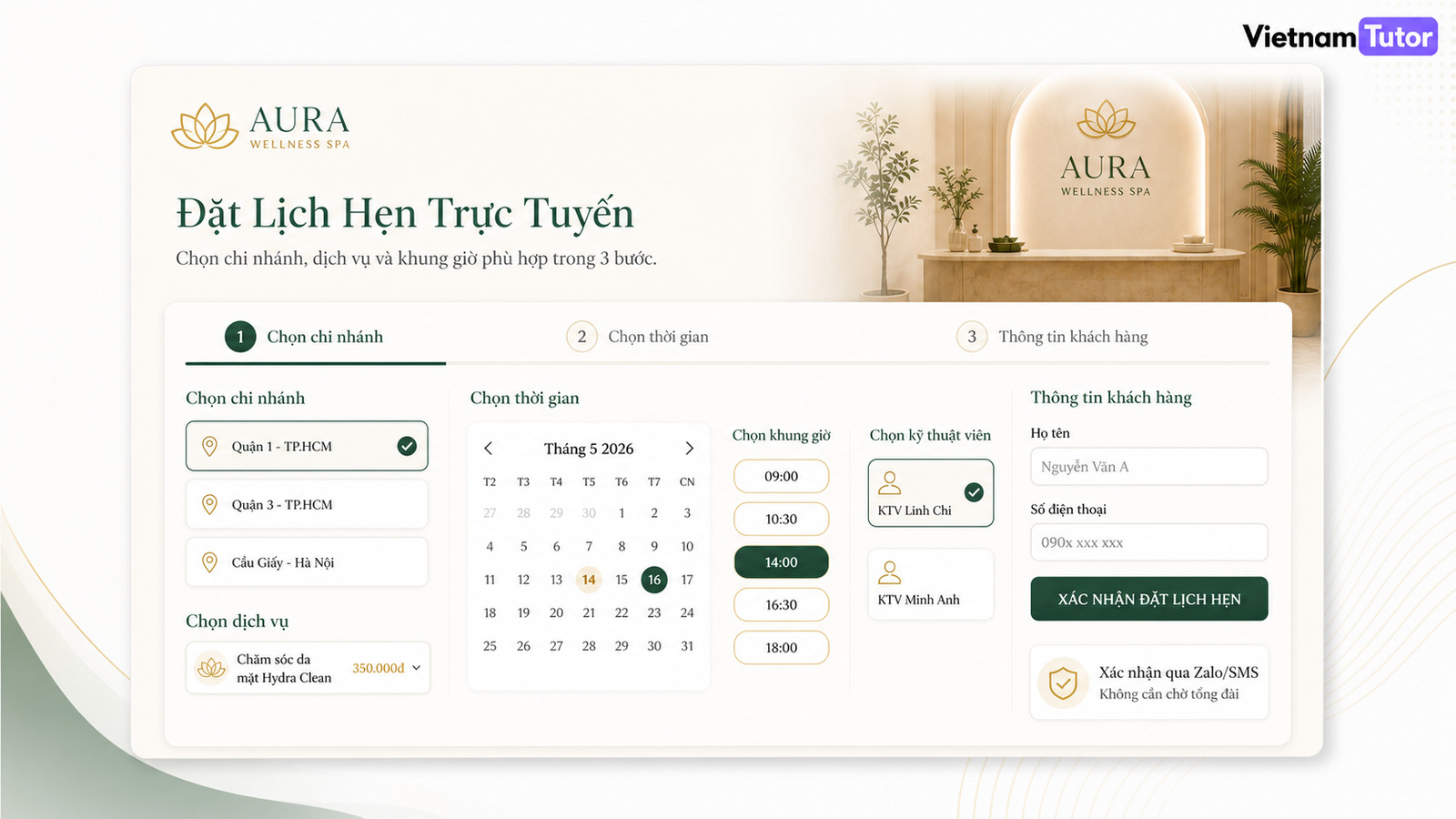 Mockup tính năng đặt lịch hẹn trên website Spa