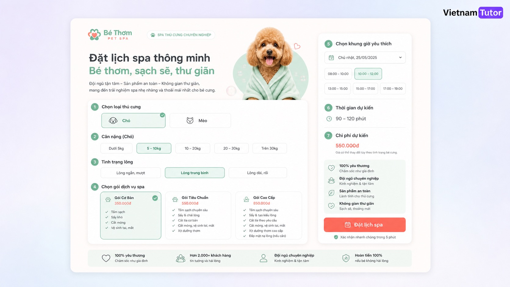 Mockup tính năng đặt lịch website spa thú cưng