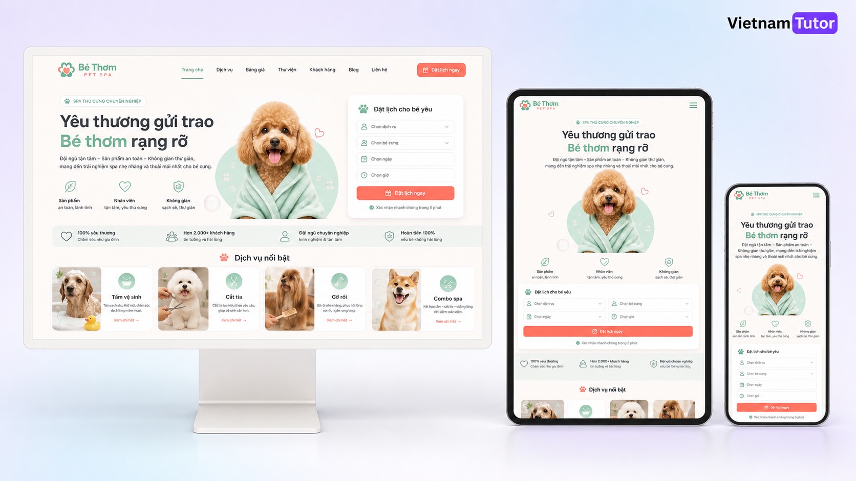 Thiết kế website spa thú cưng với mockup desktop tablet mobile