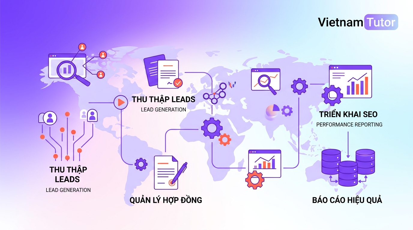 Bản đồ dữ liệu vận hành agency marketing SEO giữa lead hợp đồng và báo cáo