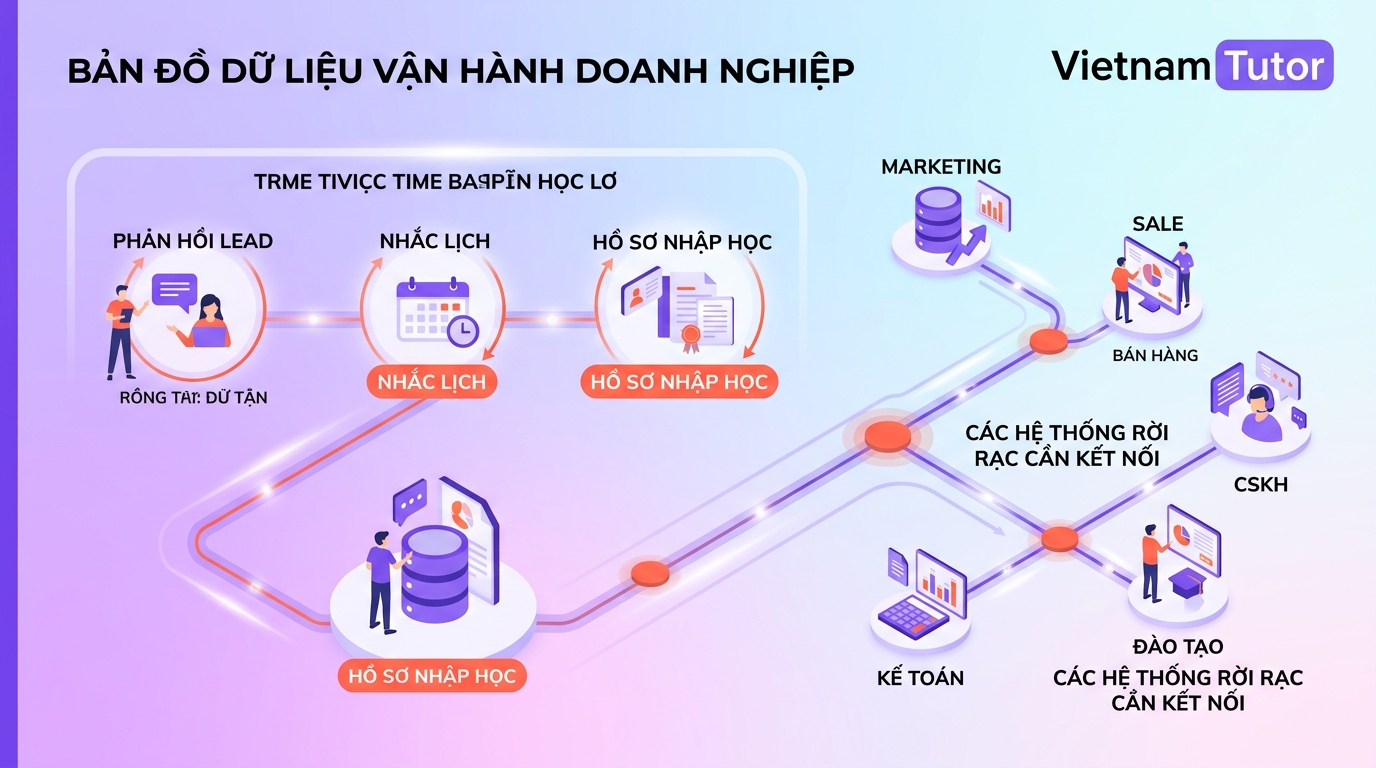 Bản đồ dữ liệu vận hành trung tâm giáo dục từ lead đến học viên nhập học