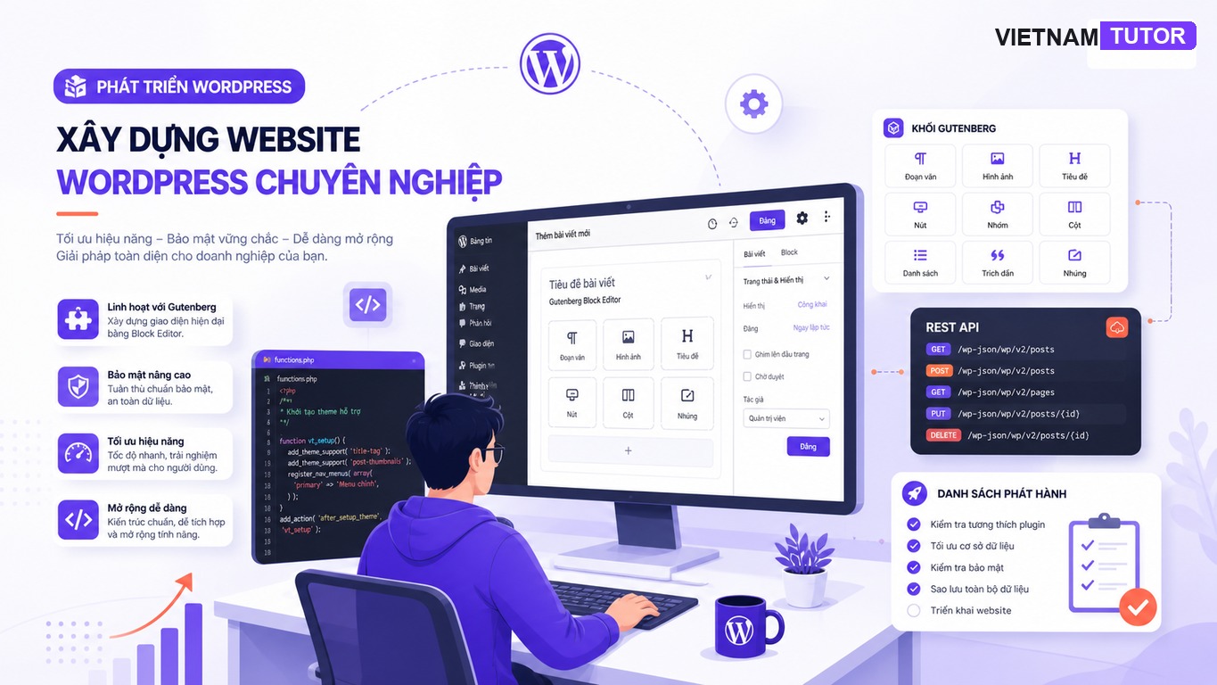 WordPress cho developer 2026 với checklist Gutenberg plugin và theme
