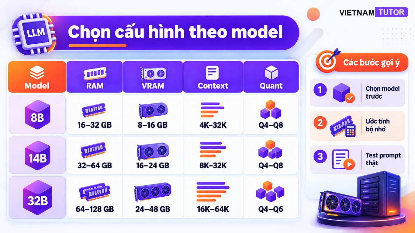 Bảng chọn RAM VRAM và model khi chạy LLM cục bộ