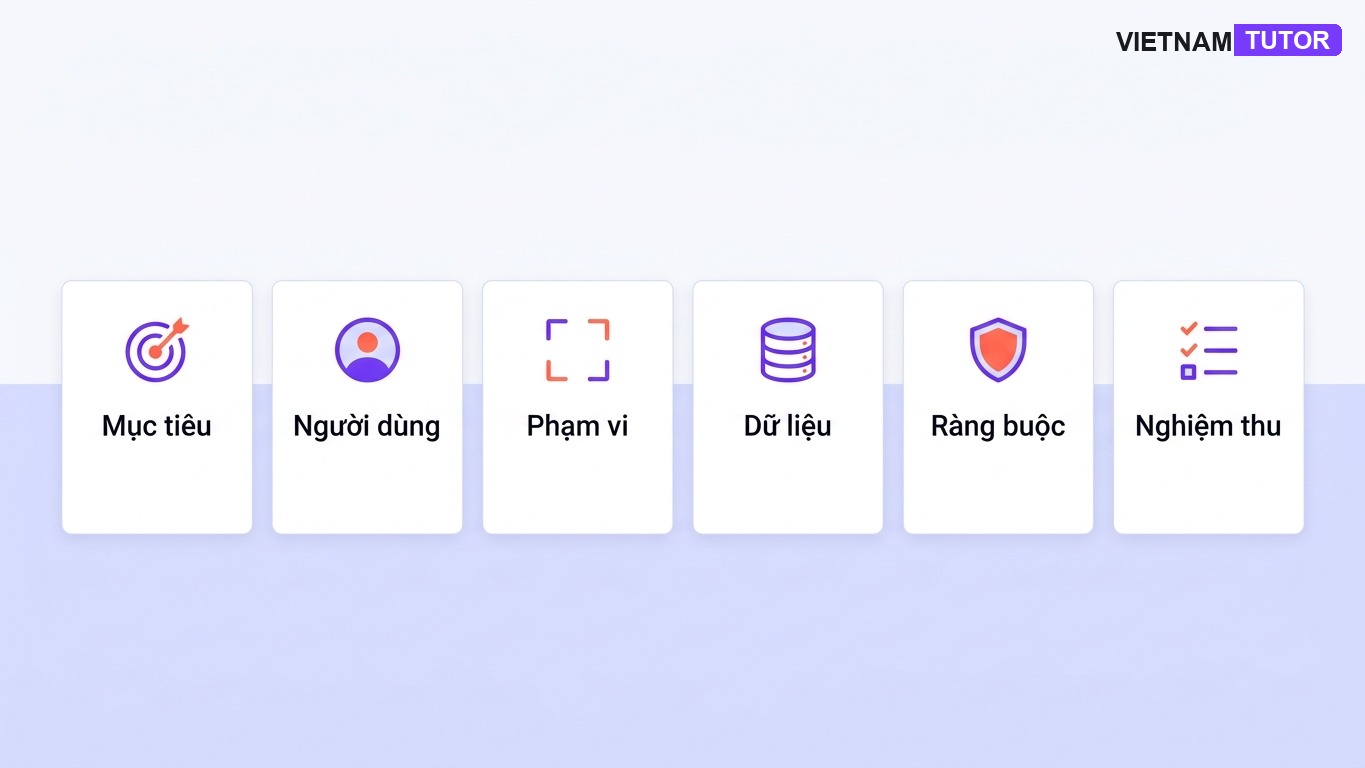 Các thành phần của prompt vibe coding gồm mục tiêu phạm vi dữ liệu và nghiệm thu