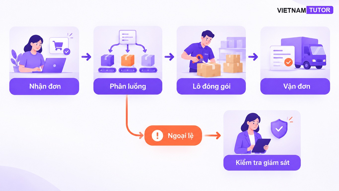 Luồng nhận đơn logistics với phân luồng theo quy tắc và nhánh ngoại lệ