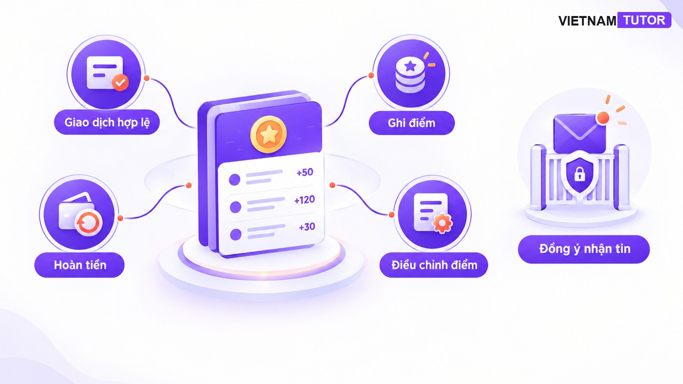 Luồng tích điểm gắn với giao dịch hợp lệ và nhánh điều chỉnh khi hoàn tiền